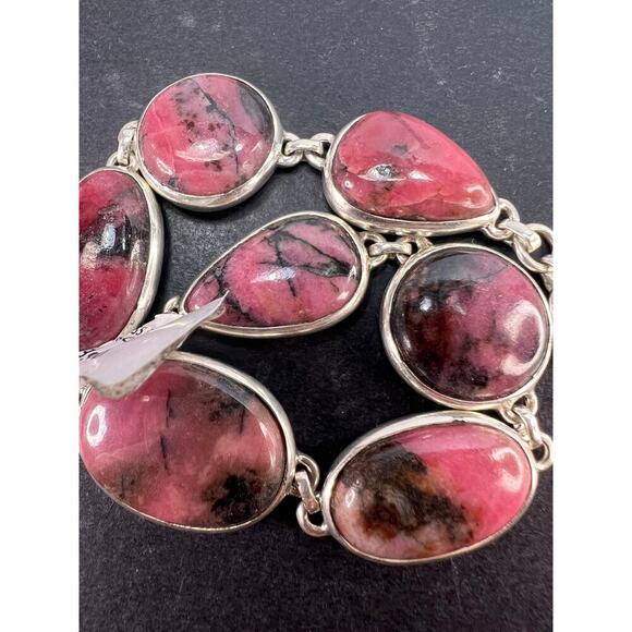 New Rhodonite free form sterling silver link bracelet - Picture 4 of 11